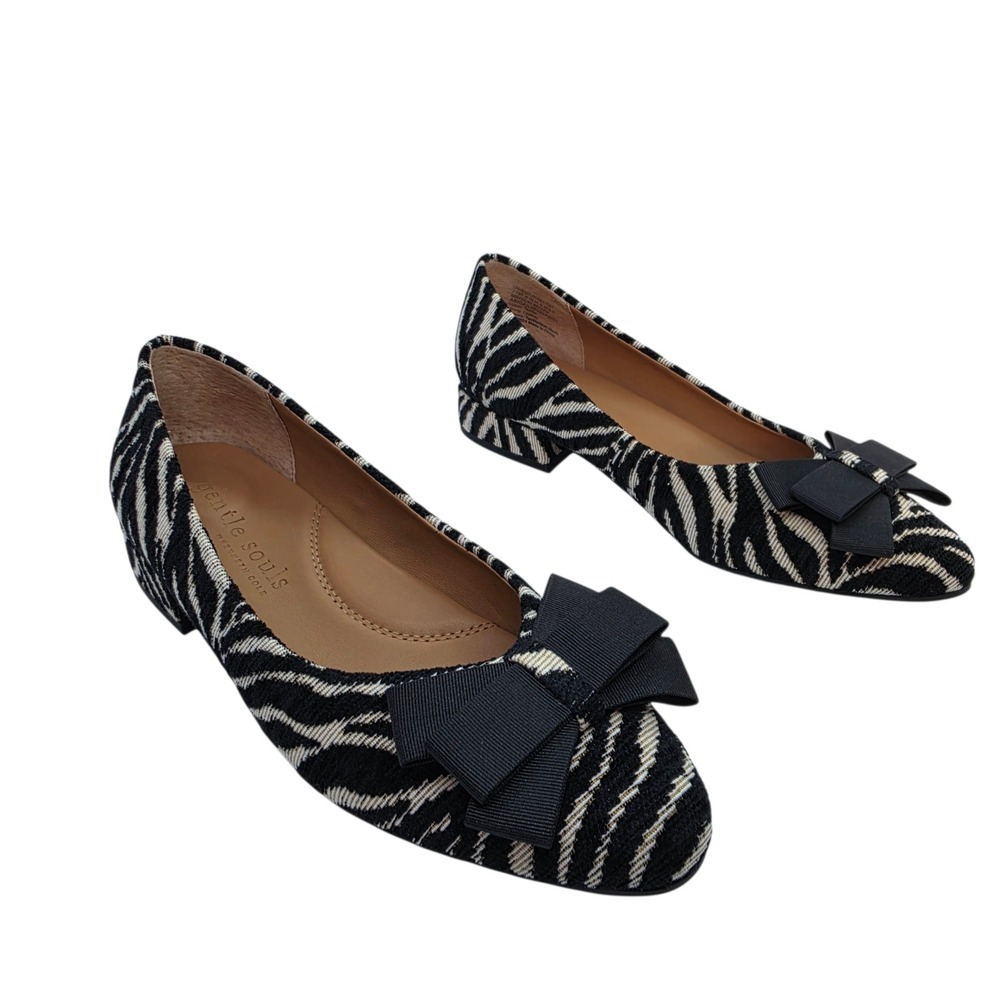 Gentle Souls Kenneth Cole Zebra Print Bow Ballet Flats Black Cream Pointed‎ Toe